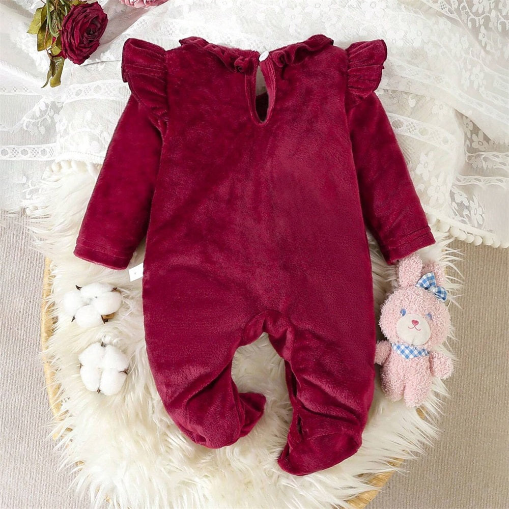 Adorable Solid Color Velvet Long Sleeve Baby Jumpsuit
