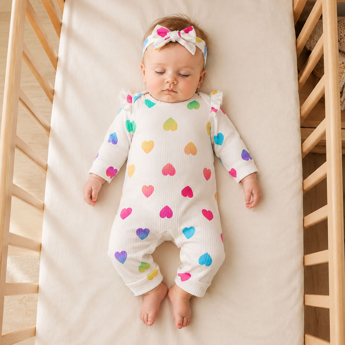 2PCS Dreamy Allover Heart Print Long Sleeve Baby Jumpsuit