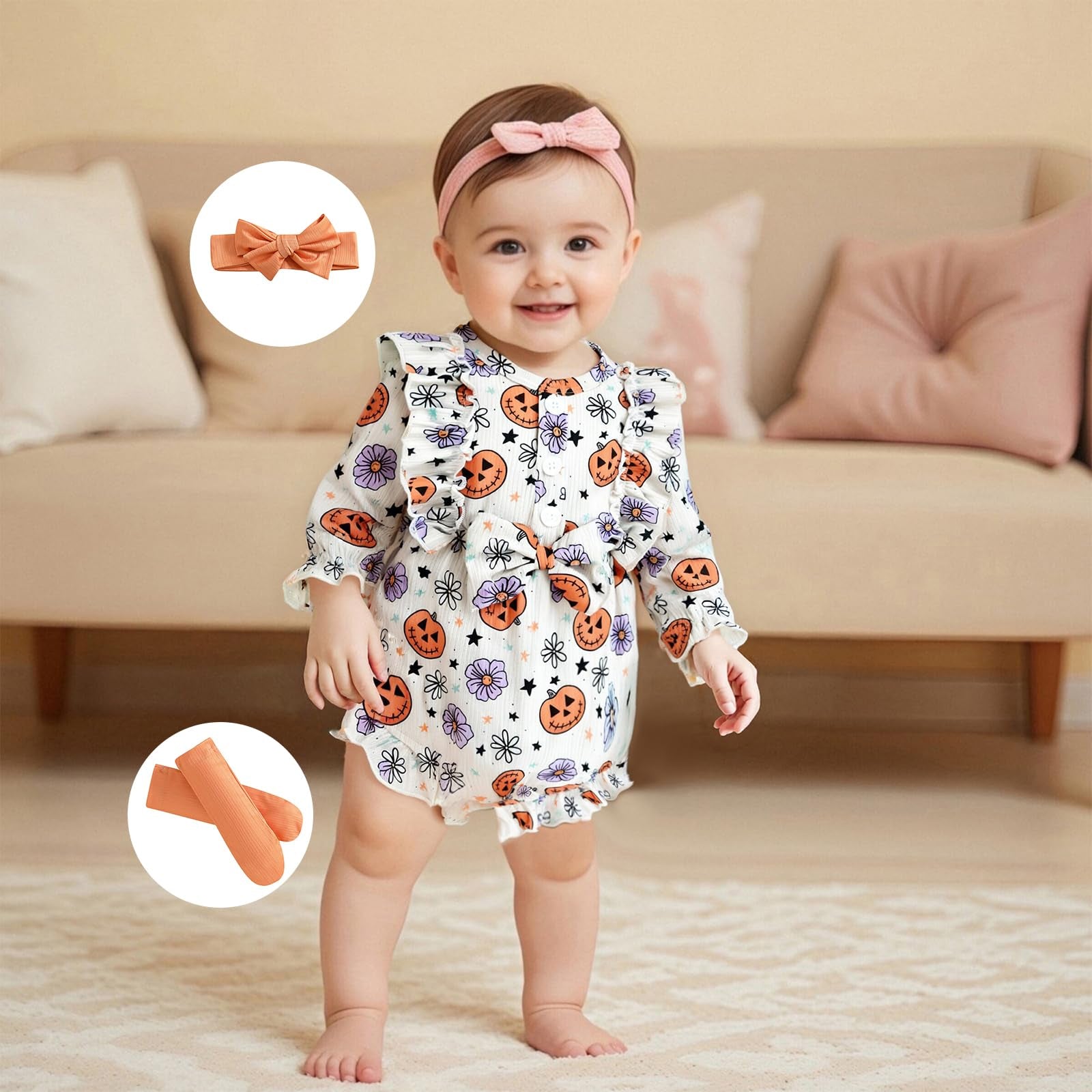 3PCS Quirky Halloween Pumpkin Printed Baby Romper