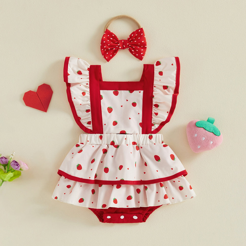 2PCS Cute Strawberry Print Flutter Sleeve Baby Girl Romper