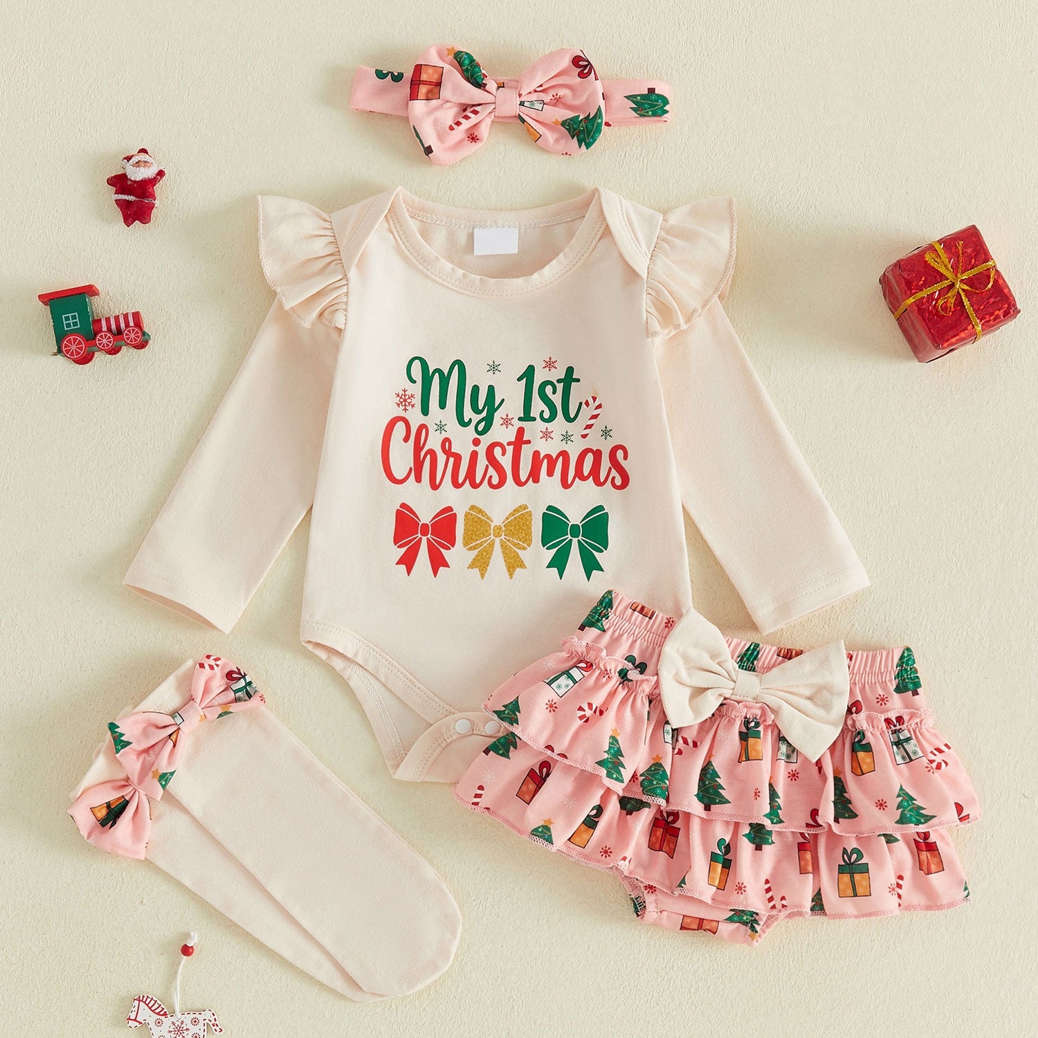 4PCS My 1st Christmas Letter Bow Print Long Sleeve Baby Set