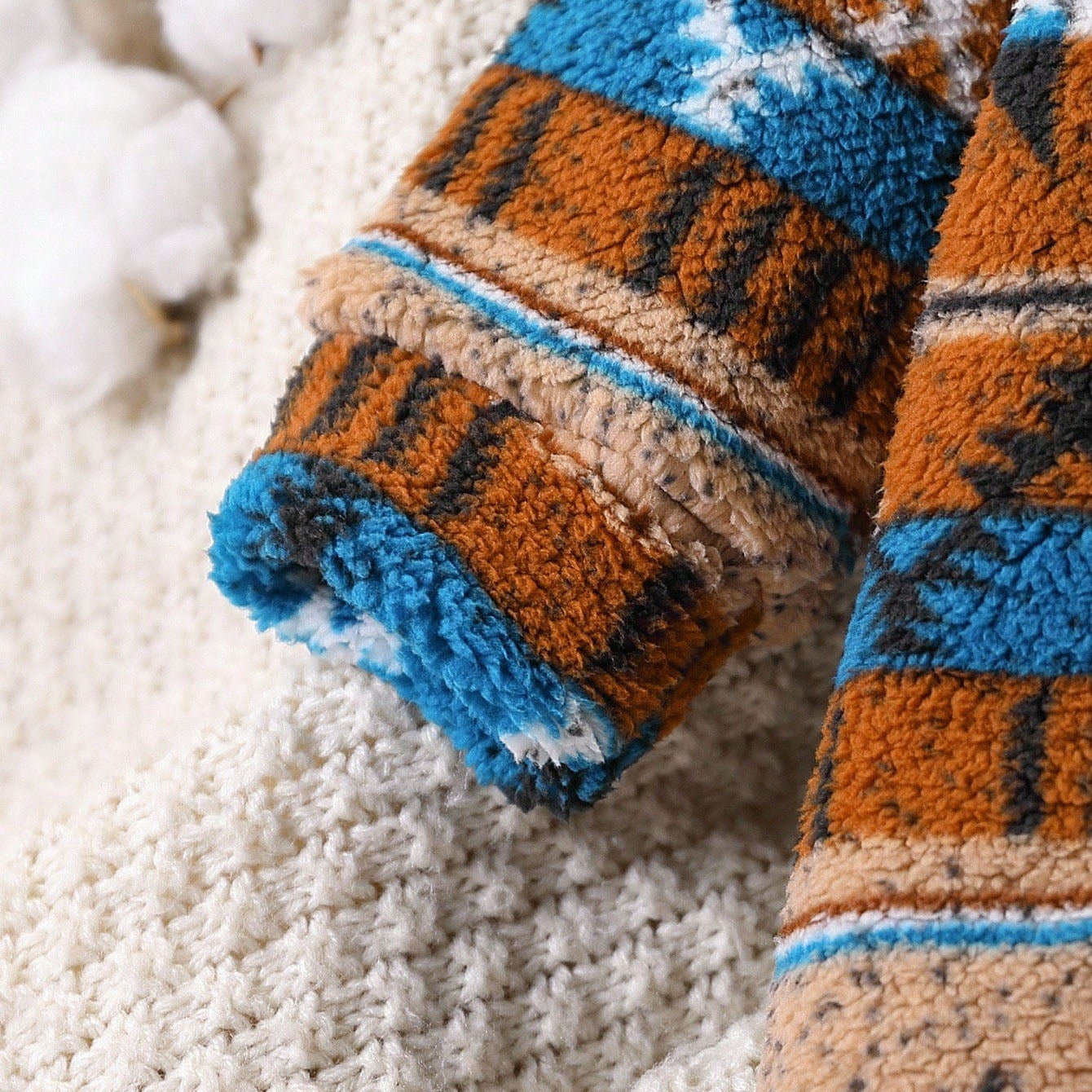 Fuzzy Geometric Patterns Printed Hoodie Baby Jumpsuit