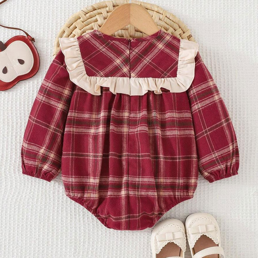 2PCS Refined Plaid Printed Ruffled Long Sleeve Baby Romper
