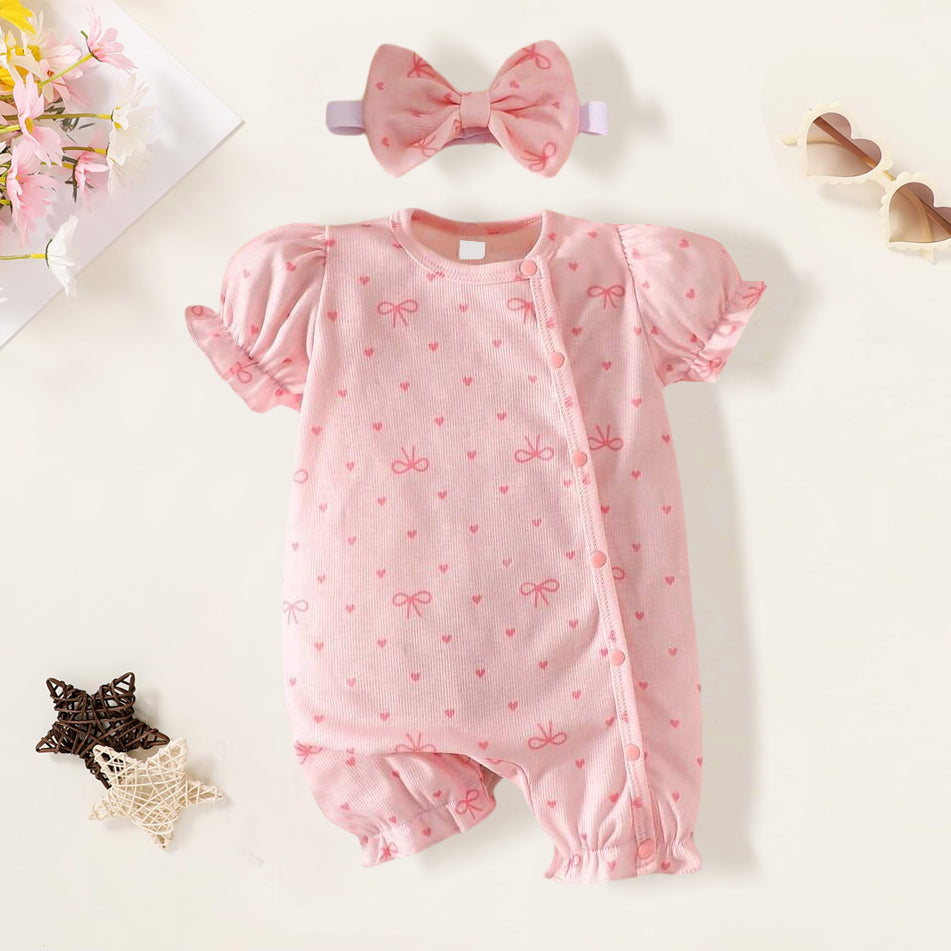 2PCS Charming Bow Printed Short Sleeve Baby Jumpsuit