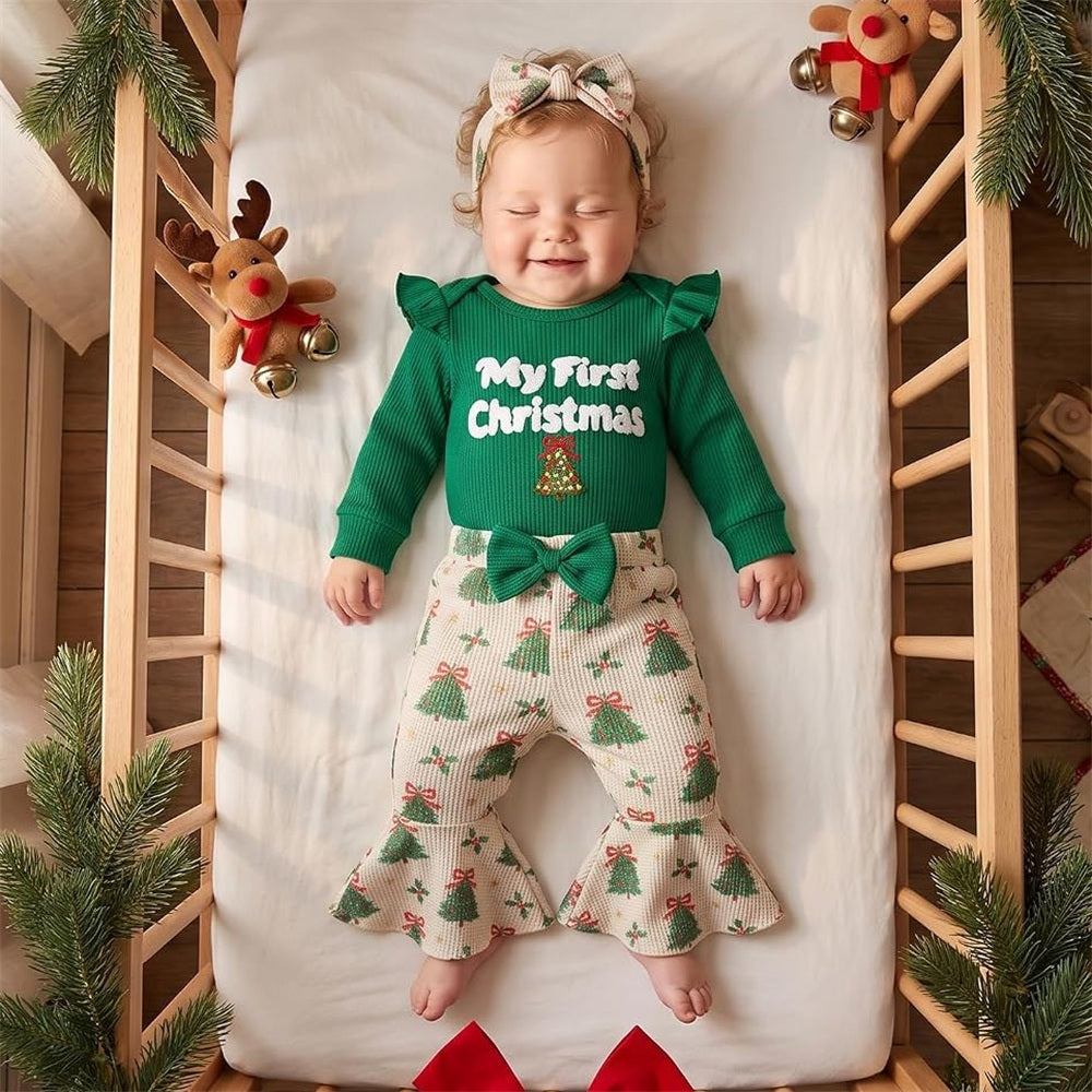 3PCS Sweet My First Christmas Tree Letter Applique Baby Set