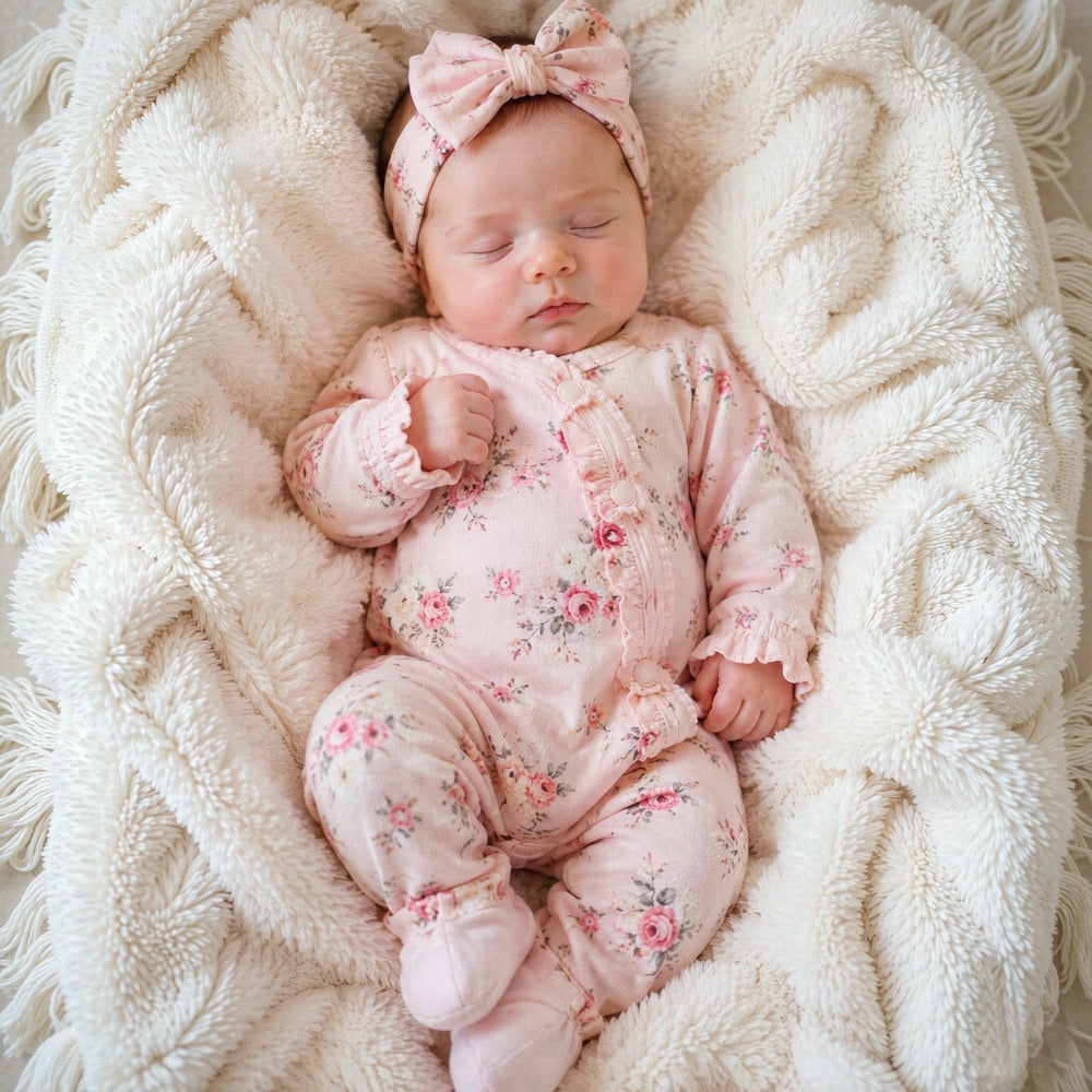 2PCS Endearing Floral Printed Ruffle Long Sleeve Baby Jumpsuit