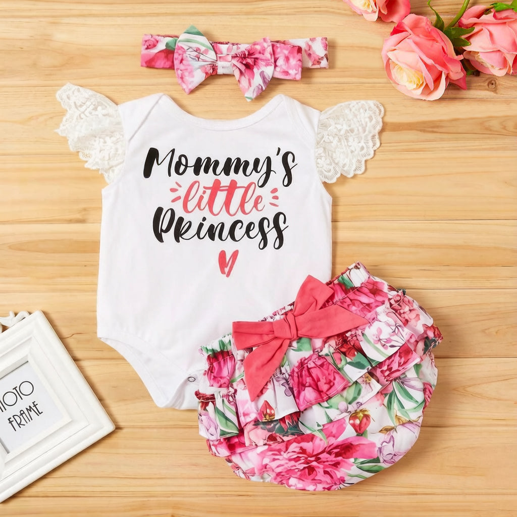 3PCS Mommy's Little Princess Letter Floral Print Flutter Sleeve Baby Set