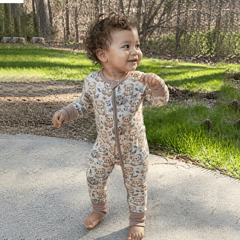 Lovely Bear & Floral Print Zipper Long Sleeve Baby Jumpsuit