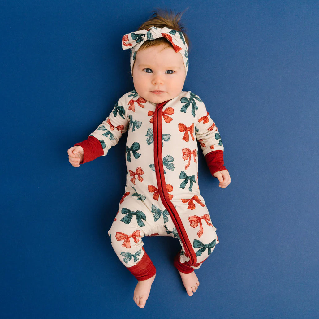 2PCS Pretty Bow Print Long Sleeve Zipper Baby Jumpsuit