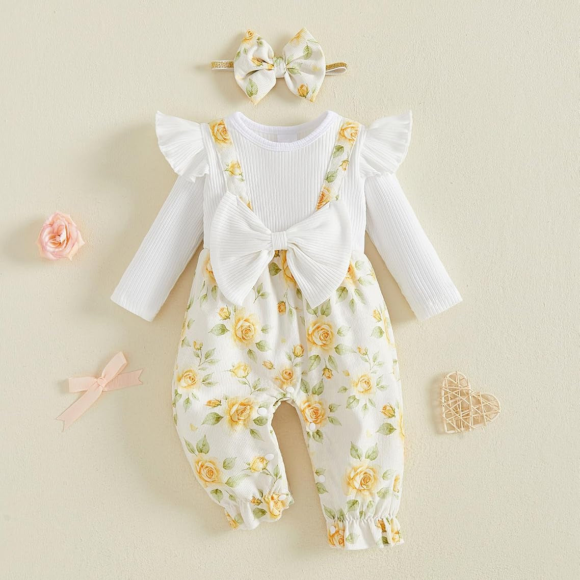 2PCS Cute Baby Girl Floral Printed Faux Two Piece Long Sleeve Jumpsuit
