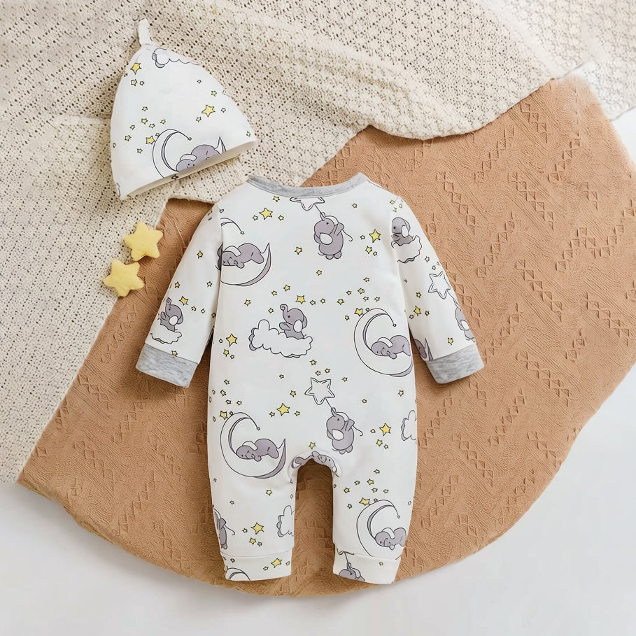2PCS Cute Elephant Moon Print Long Sleeve Baby Jumpsuit