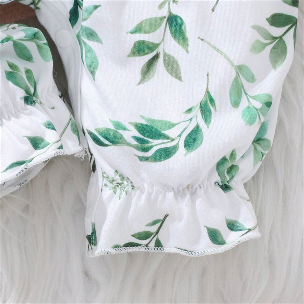 2PCS Leaf Allover Print Long Sleeve Baby Jumpsuit