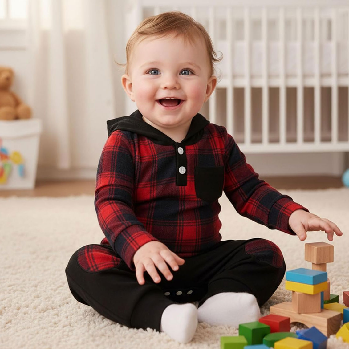 2PCS Dashing Plaid Printed Long Sleeve Baby Boy Hooded Set