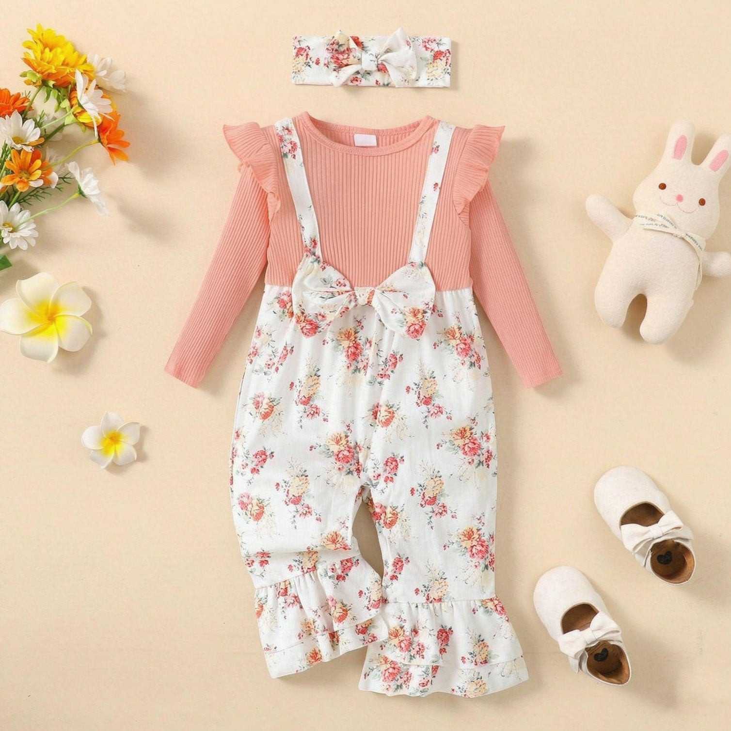2PCS Sweet Color Block Floral Printed Long Sleeve Baby Jumpsuit