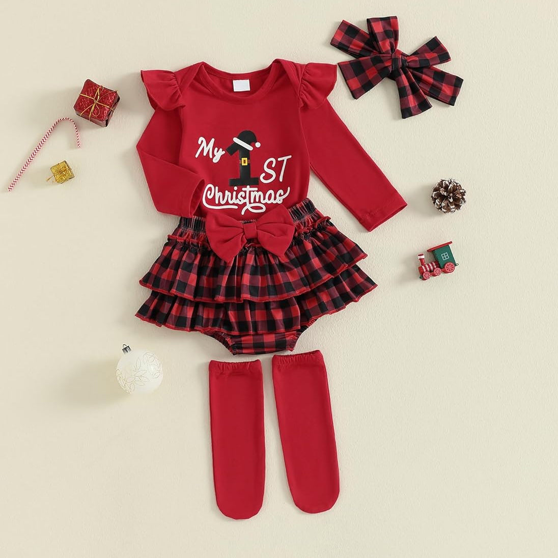 4PCS My 1st Christmas Letter Print Plaid Long Sleeve Baby Set