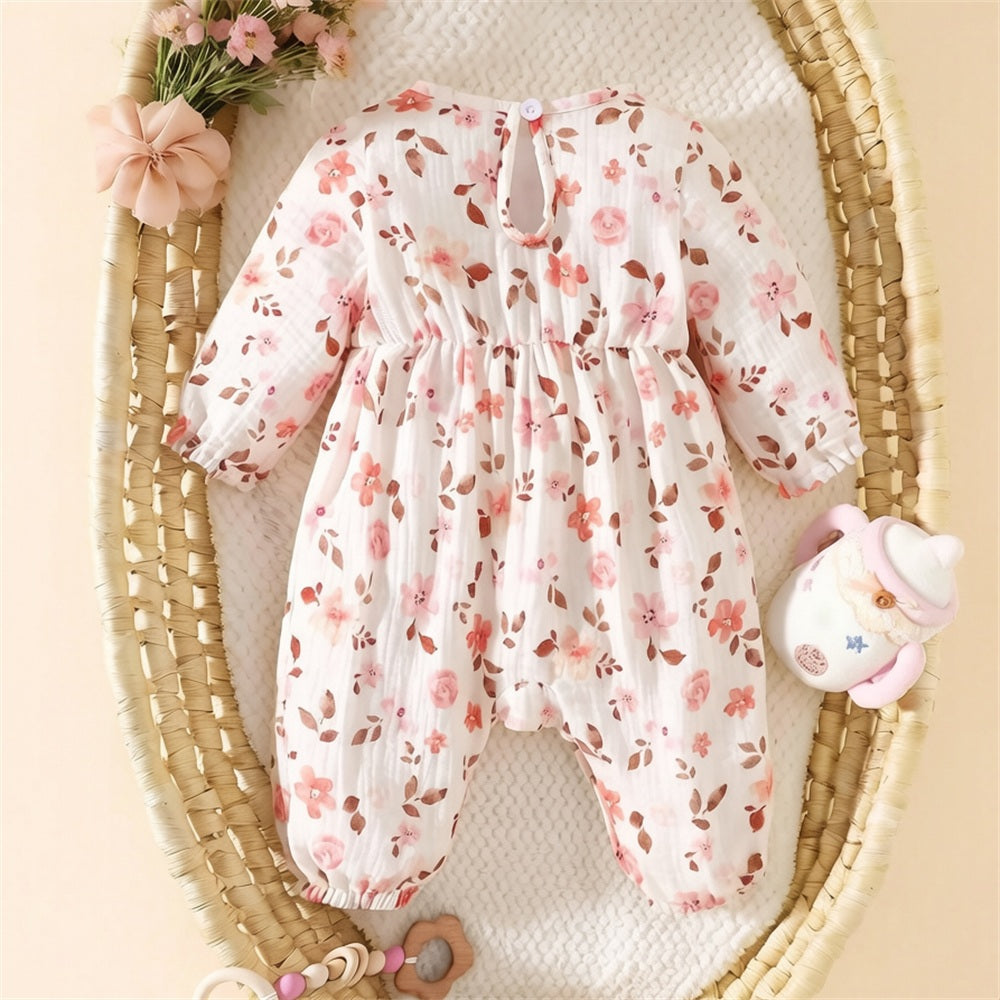 Classy Floral Printed Ruffle Long Sleeve Baby Jumpsuit