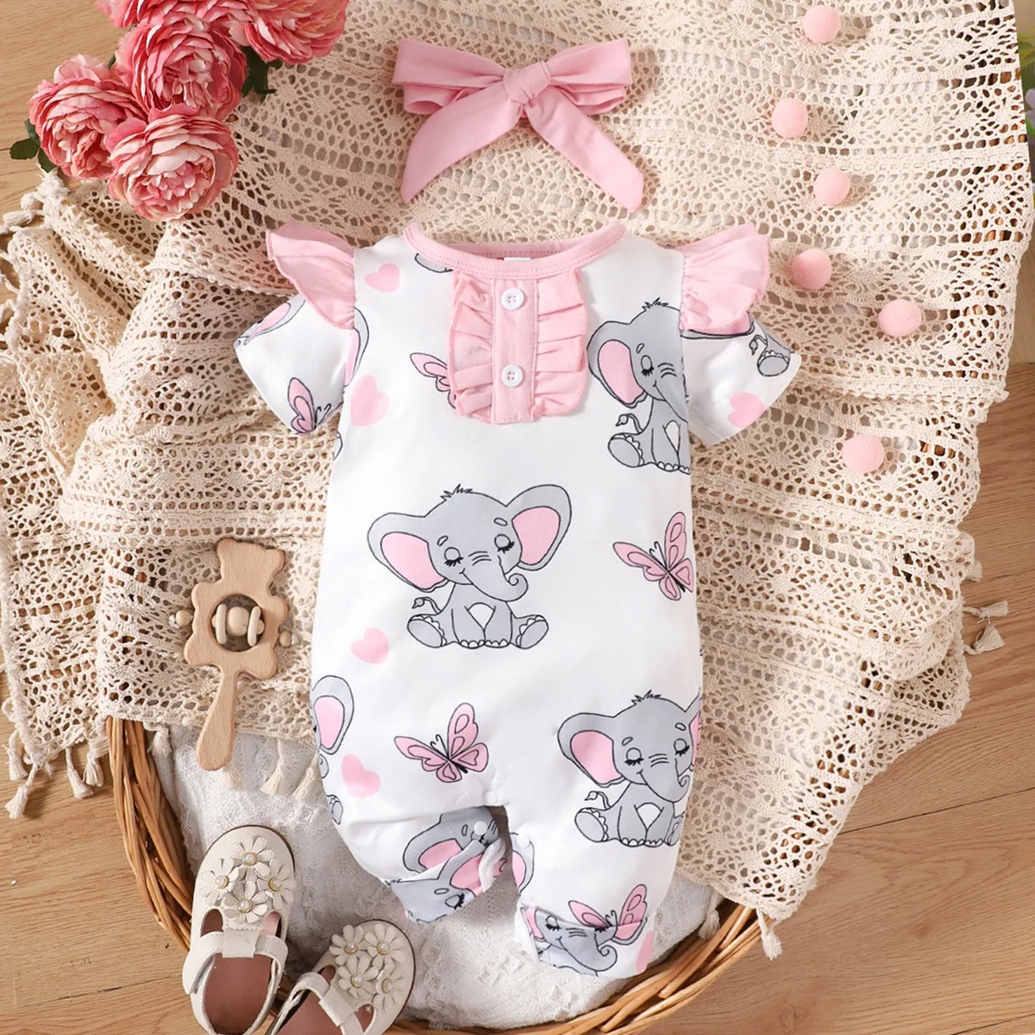 2PCS Lovely Elephant & Butterfly Print Short Sleeve Baby Jumpsuit