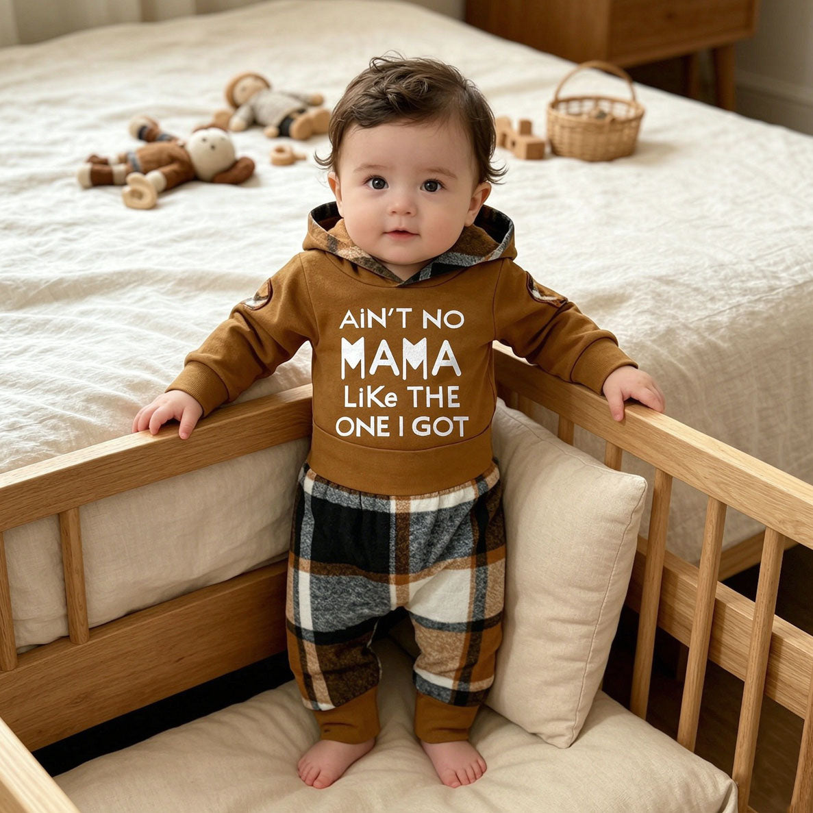 2PCS Ain't No Mama Letter Plaid Print Hoodie Long Sleeve Baby Set