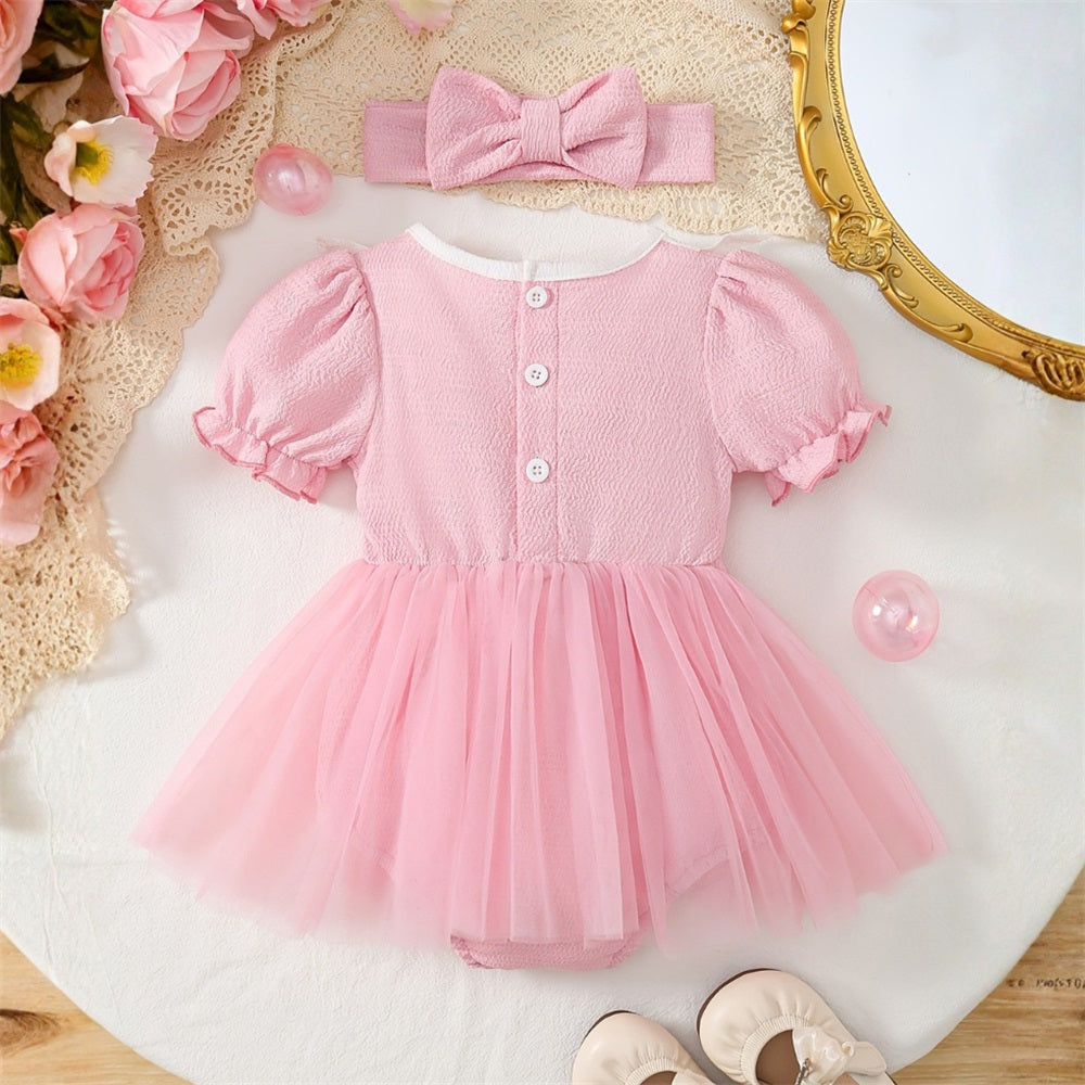 2PCS Sweet Solid Color Bubble Sleeve Mesh Baby Romper