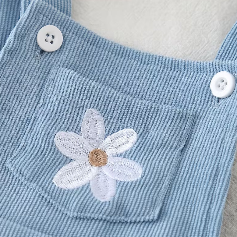 3PCS Sweet Floral Embroidered Long Sleeve Baby Corduroy Overalls Set