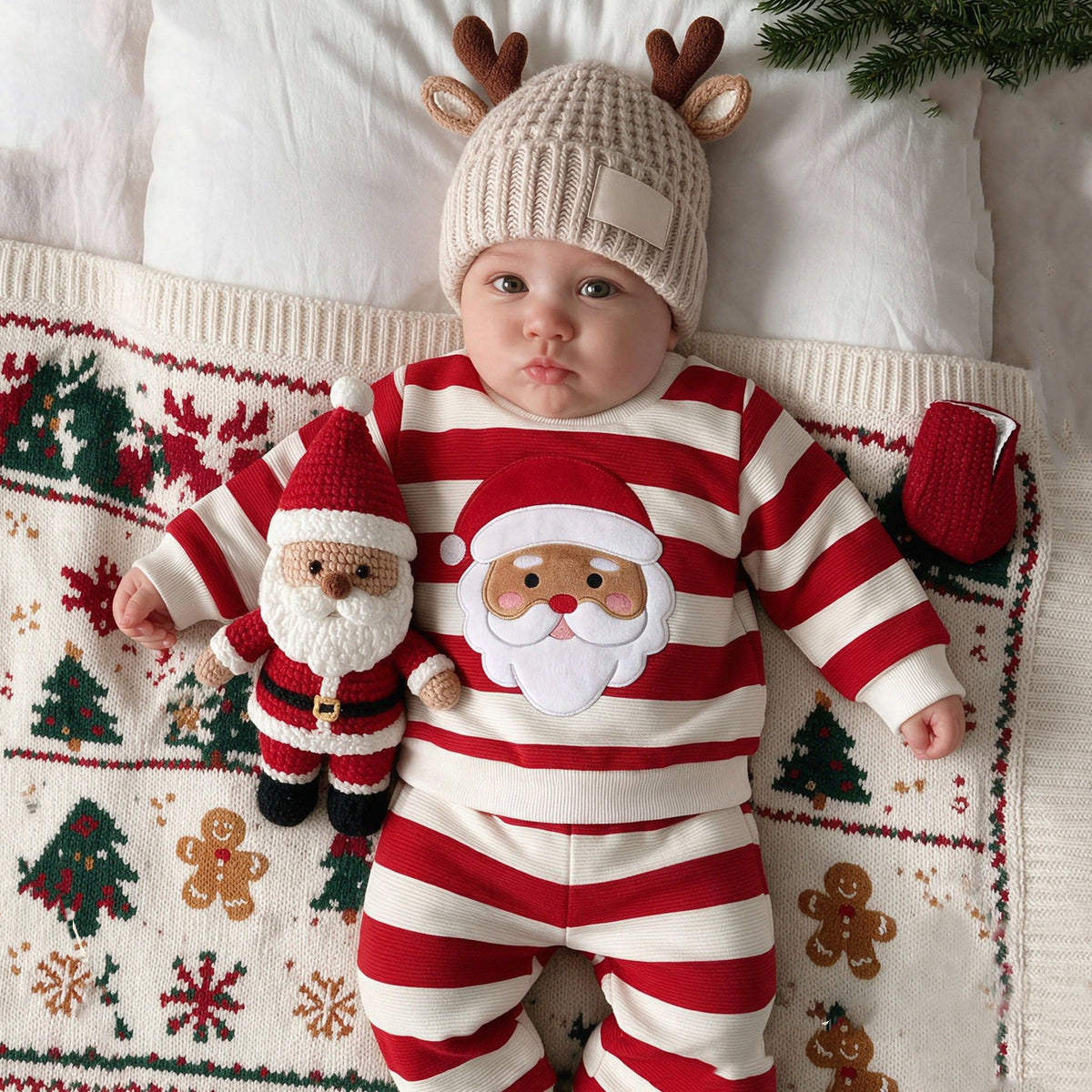 2PCS Lovely Santa Claus and Stripe Print Long Sleeve Baby Set