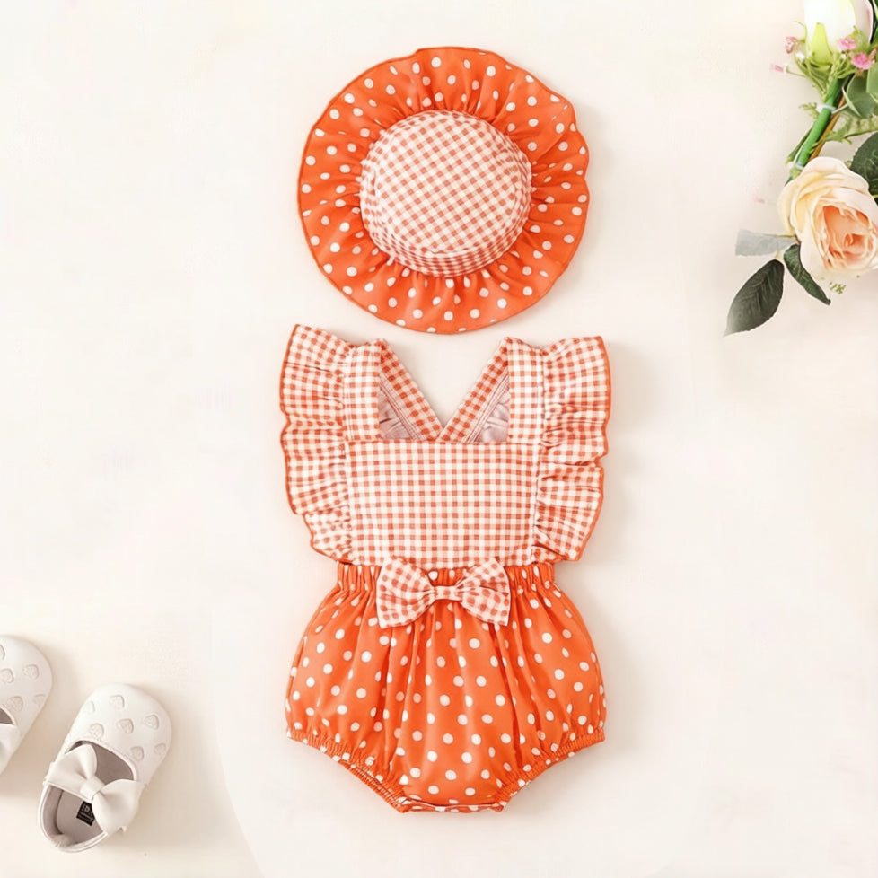 2PCS Polka Dots Plaid Printed Flutter Sleeve Baby Romper