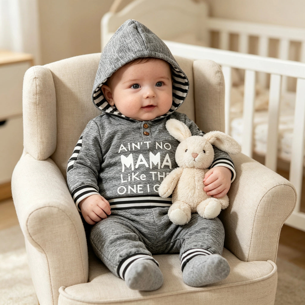 2PCS Ain't No Mama Letter Stripe Printed Hooded Long Sleeve Baby Set