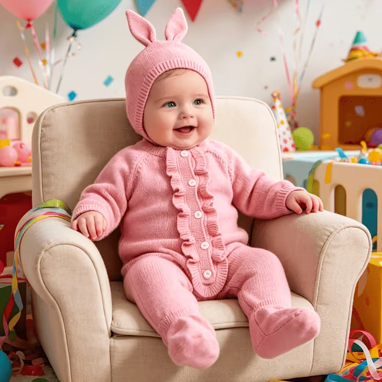 2PCS Cozy Solid Color Ruffle Long Sleeve Knit Baby Girl Jumpsuit
