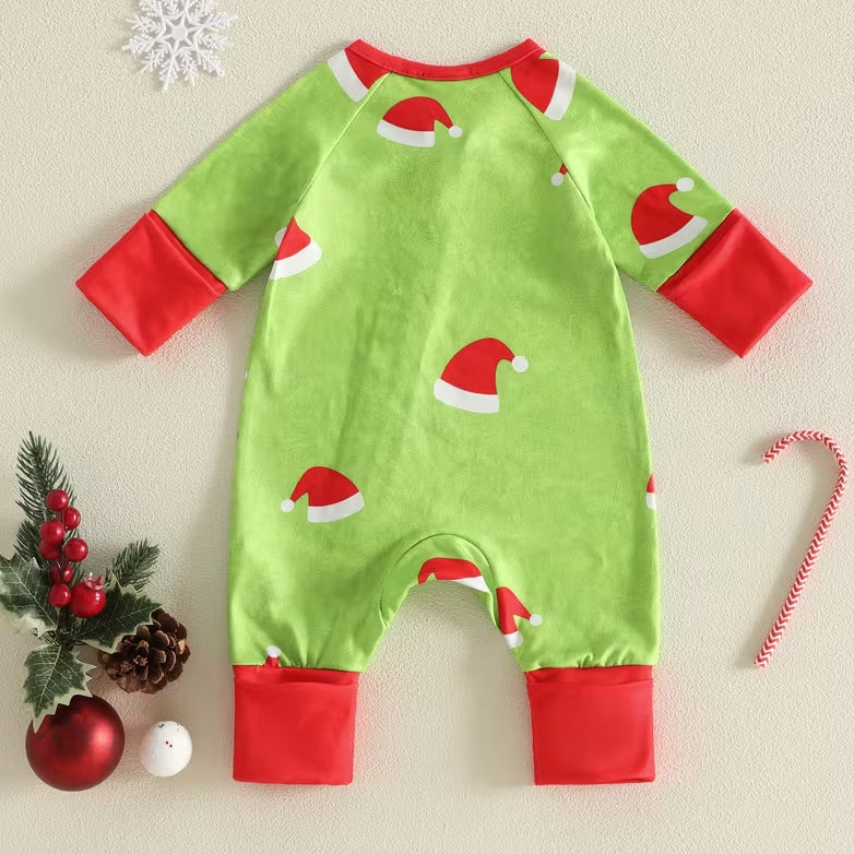 Lovely Santa Hat Printed Color Block Long Sleeve Zipper Baby Jumpsuit