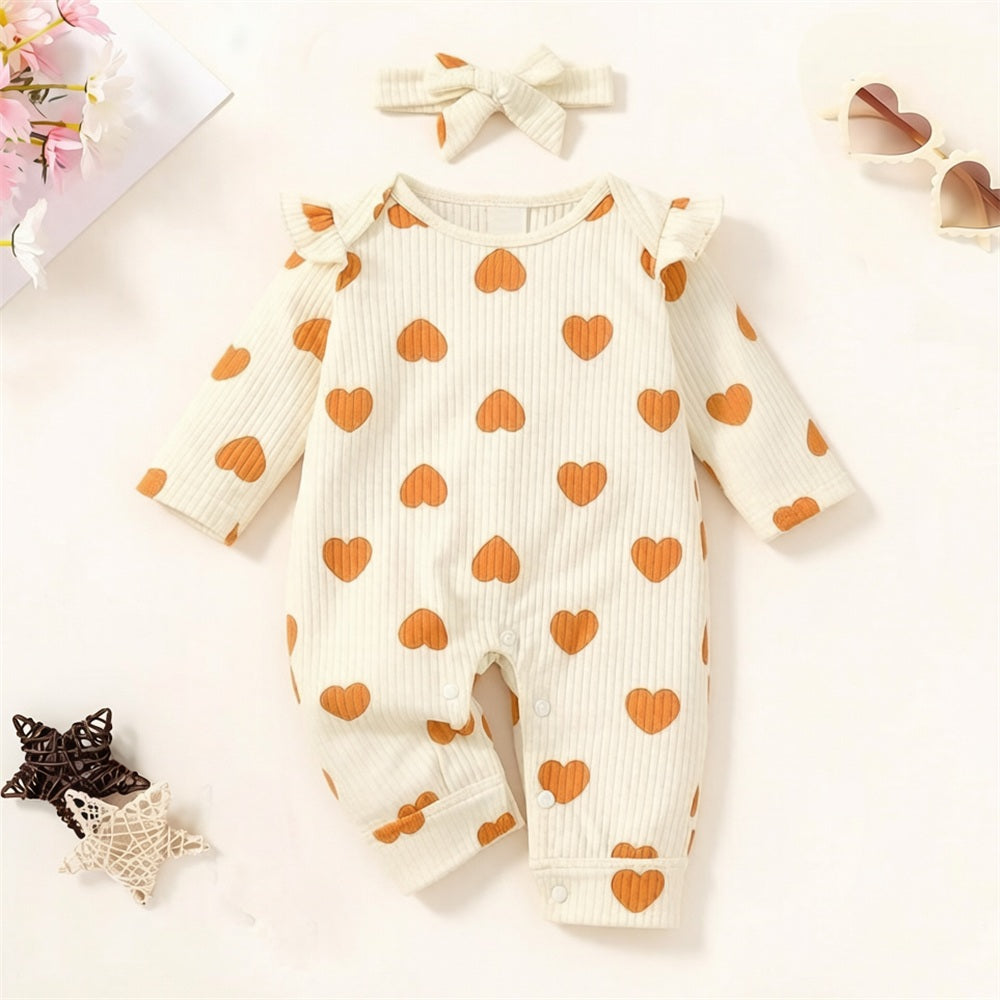 2PCS Pretty Heart Printed Long Sleeve Baby Girl Jumpsuit