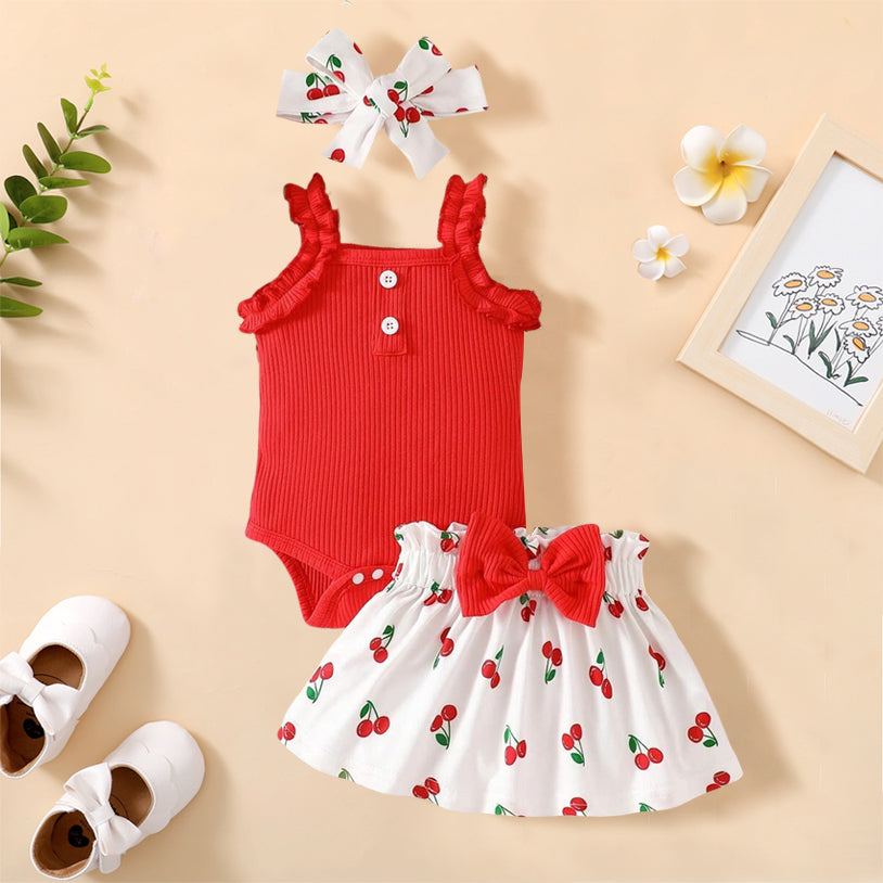 3PCS Summer Cherry Printed Sleeveless Baby Set