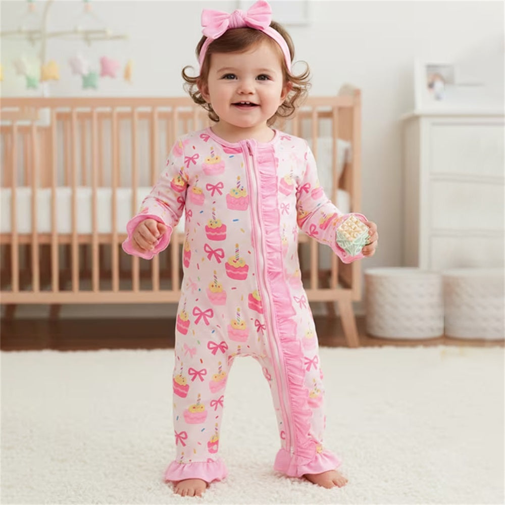 2PCS Sweet Cake and Bow Print Long Sleeve Baby Jumpsuit