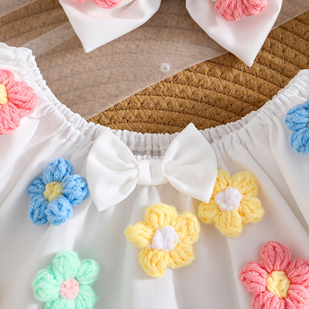 3PCS Lovely Floral Appliqué Short Sleeve Baby Set