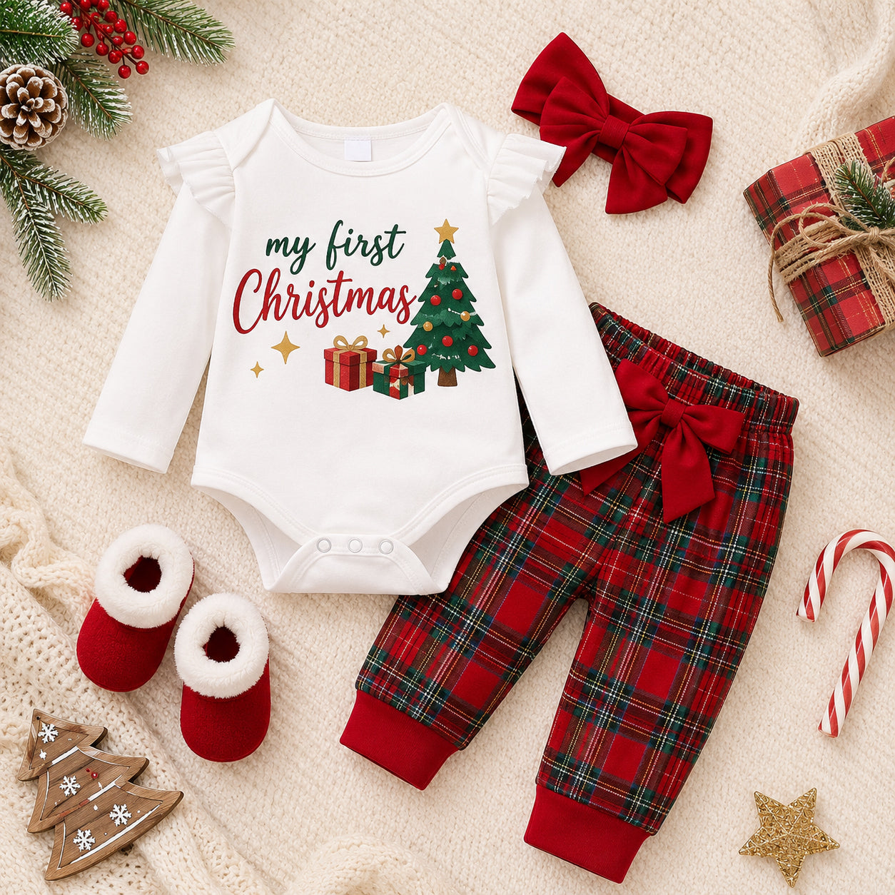 3PCS Lovely My First Christmas Letter Plaid Print Baby Girl Set
