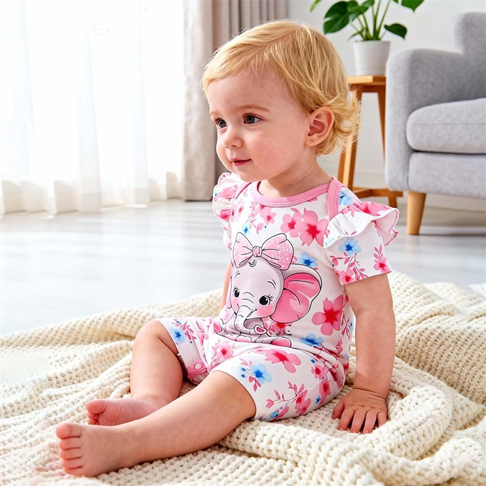 2PCS Lovely Floral Elephant Printed Short Sleeve Baby Jumpsuit