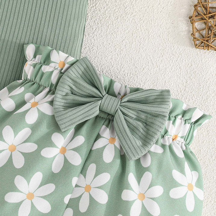 2PCS Sweet Floral Print Bow Flutter Sleeve Baby Set