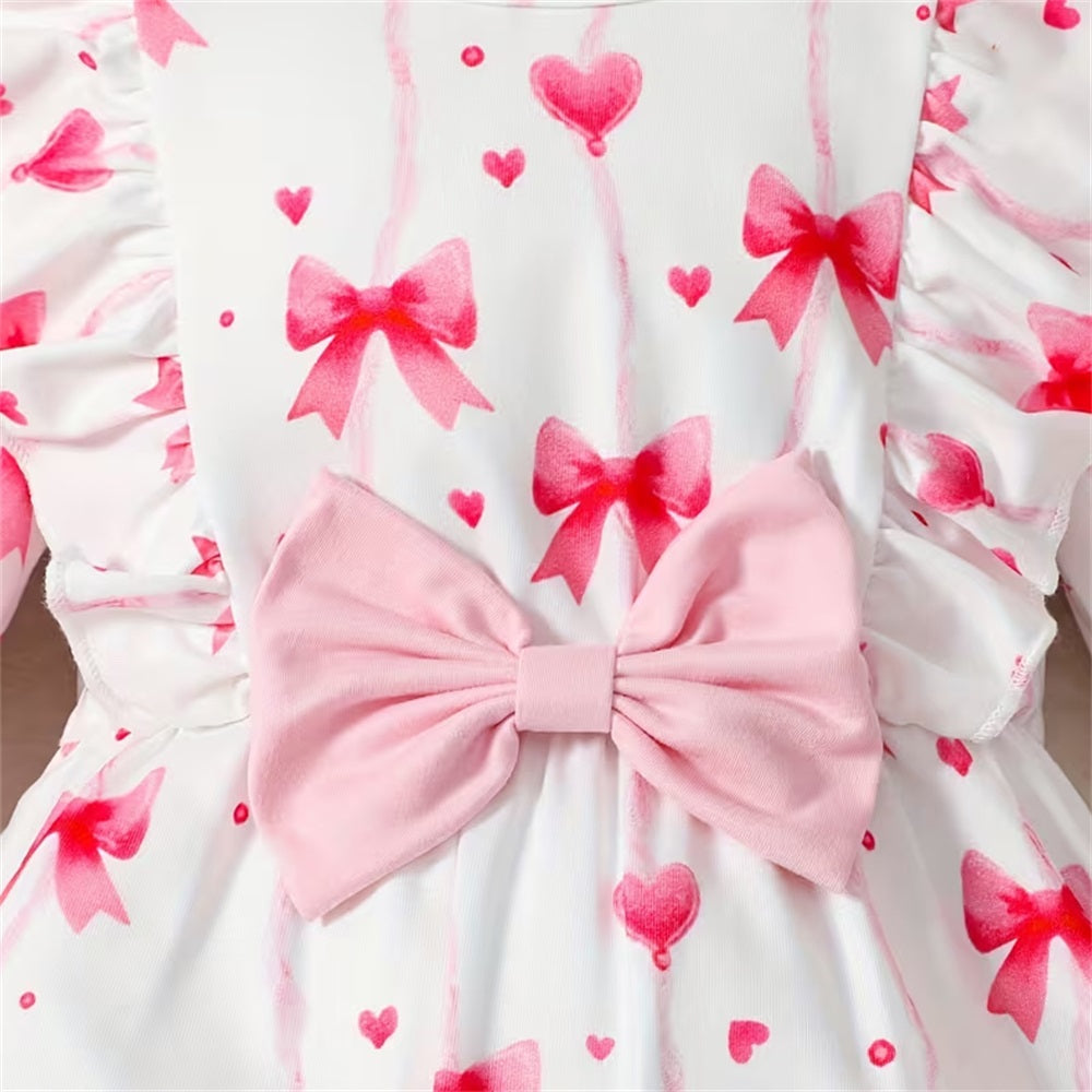 Fashion Bow Print Ruffle Trim Long Sleeve Baby Jumpsuit