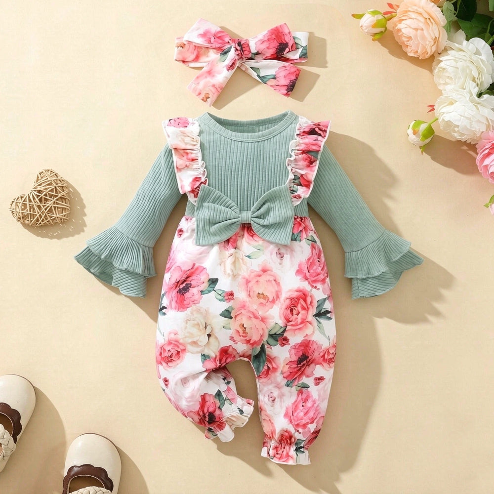 2PCS Endearing Floral Print Bow Long Sleeve Baby Girl Jumpsuit