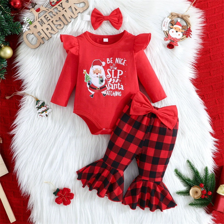 3PCS Christmas Be Nice To The Slp Santa Is Watching Letter Plaid Print Baby Set