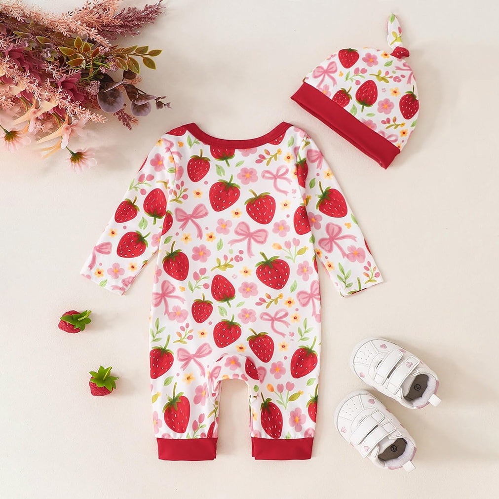2PCS Timeless Strawberry Printed Long Sleeve Baby Jumpsuit