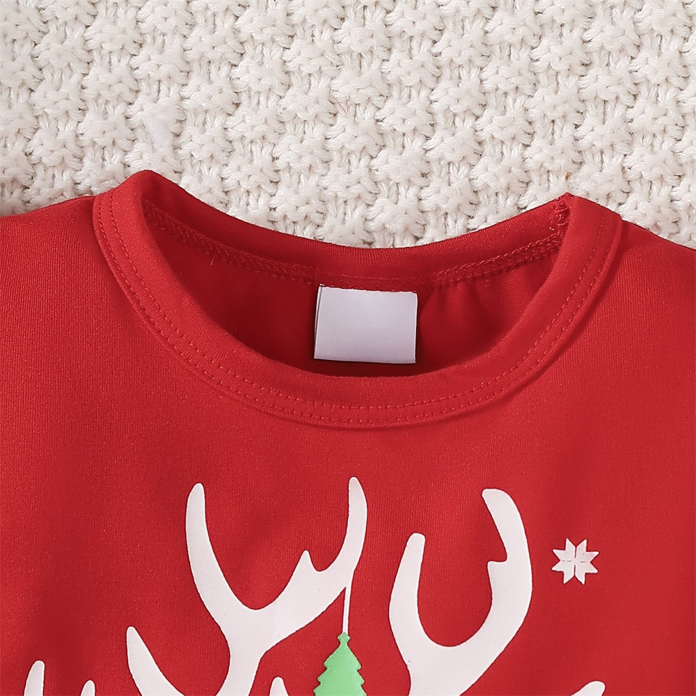 3PCS Girls' Christmas Deer Print Long Sleeve Baby Set