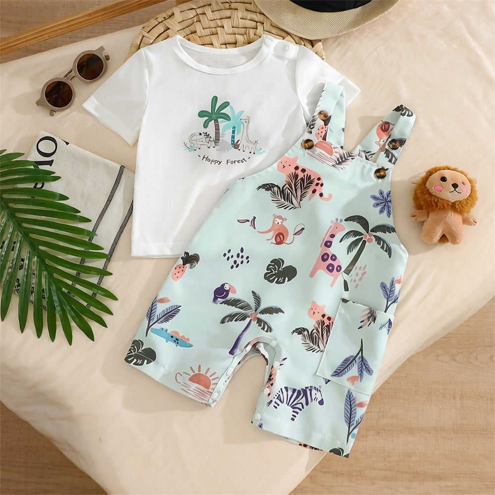 2PCS Adorable Animal Printed Short Sleeve Overalls Baby Set