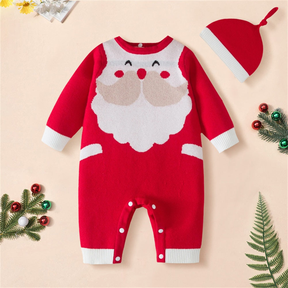 2PCS Christmas Santa Claus Pattern Knit Long Sleeve Baby Jumpsuit