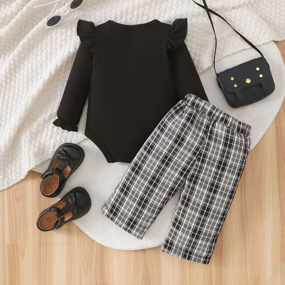 2PCS Chic Plaid Printed Bow Long Sleeve Baby Girl Set