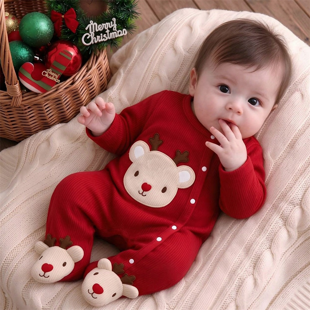 Christmas Newborn Reindeer Patch Long Sleeve Jumpsuit