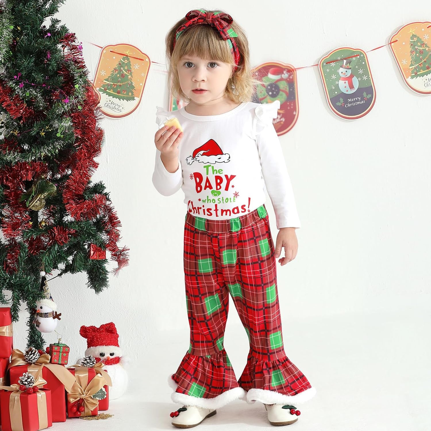 3PCS The Baby Who Stole Christmas Letter Print Plaid Baby Set