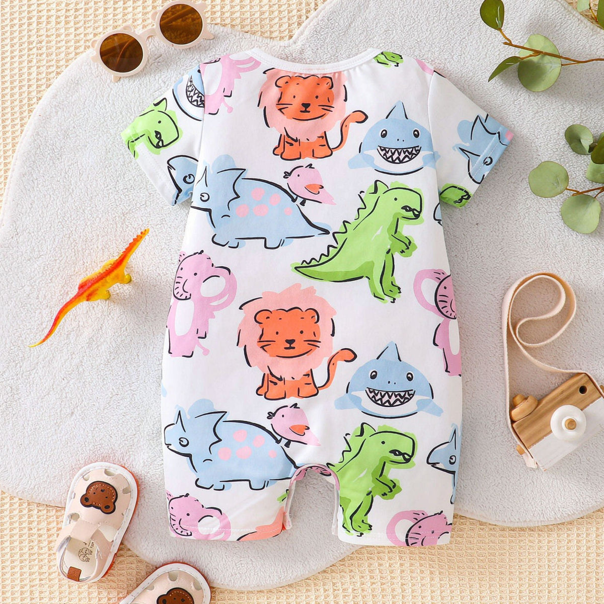 Casual Allover Animal Printed Short Sleeve Baby Jumpsuit
