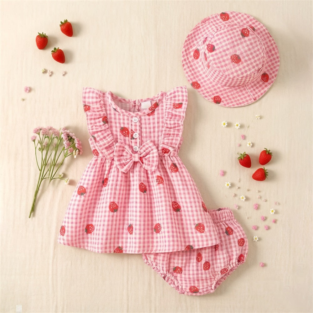 3PCS Summer Sweet Strawberry Printed Plaid Sleeveless Baby Set