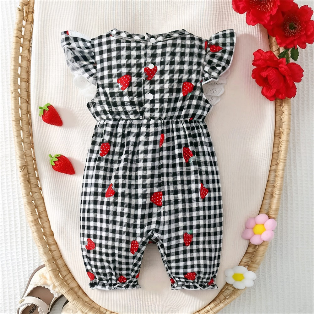 Stylish Strawberry Printed Plaid Sleeveless Baby Jumpsuit