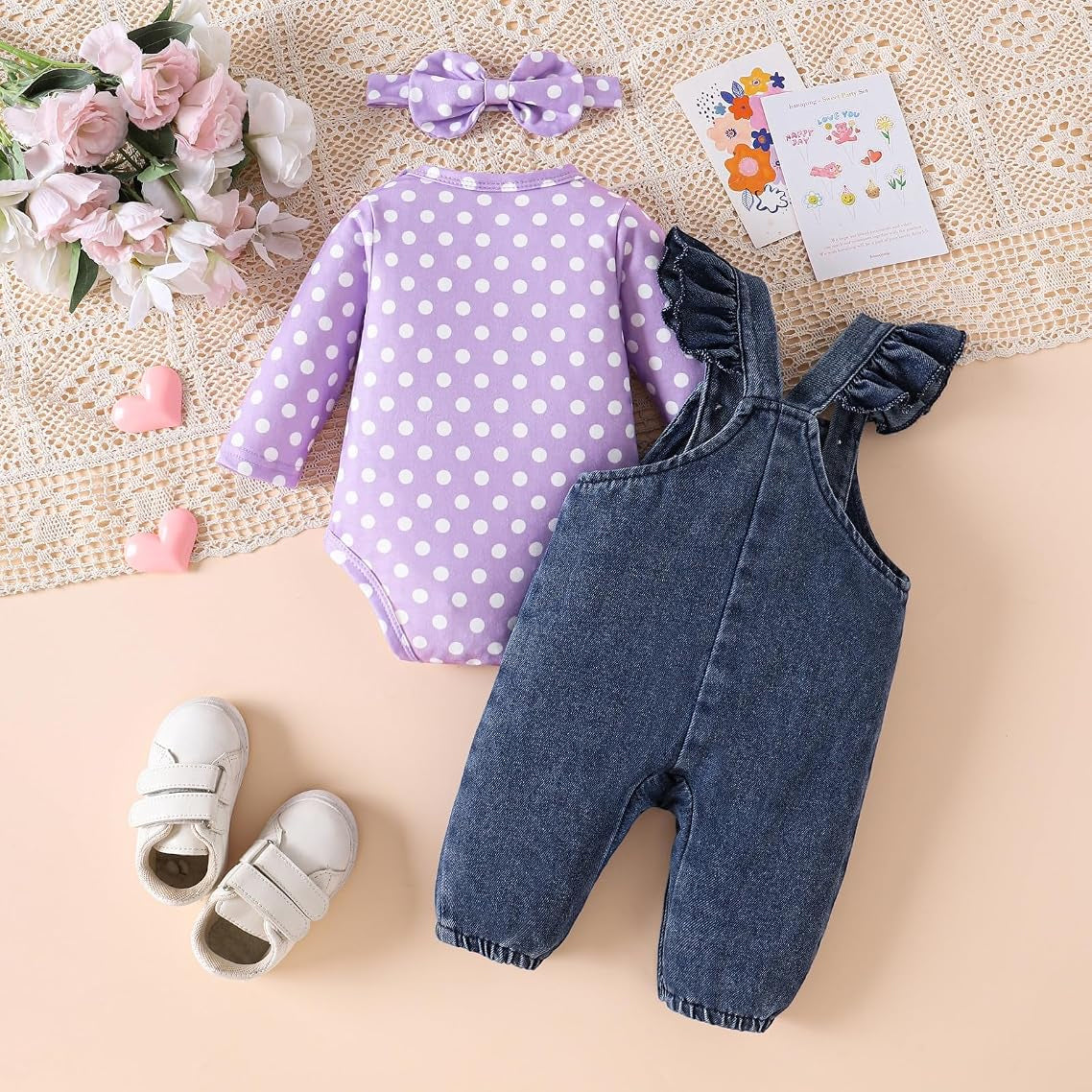 3PCS Sweet Polka Dots Print Elephant Embroidery Baby Overalls Set